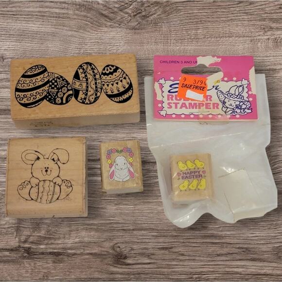 VTG‎ Easter Rubber Stamp Lot 4 Pc Bunny Eggs Chicks Flowers Spring Crafts Bundle - Picture 1 of 7